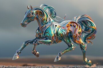 A sculpture of a horse in motion on a sandy beach, perfect for use as a decorative piece or symbolizing freedom and joy