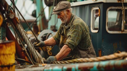 Obraz premium A person is working on a fishing boat, likely engaged in tasks such as maintenance or preparation for departure
