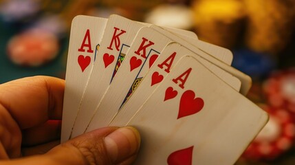 A person holding four playing cards in their hand, with a possible poker game or card trick scenario