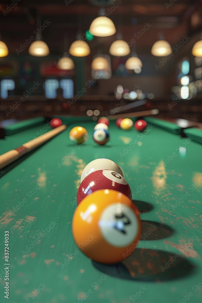Poster a pool table with several colorful billiard balls scattered across its surface