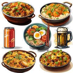 Seamless Pattern Scrambled Eggs, Rice, Leg, Macaron