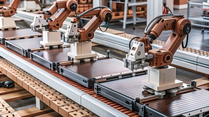 Generative ai. The image shows a robotic assembly line with multiple robots performing tasks on a conveyor belt system