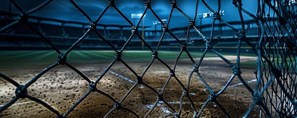 Close-up view of the batting cage in an empty baseball stadium at night, focusing on the netting and surrounding area, with the dark, empty field in the background for copy space.