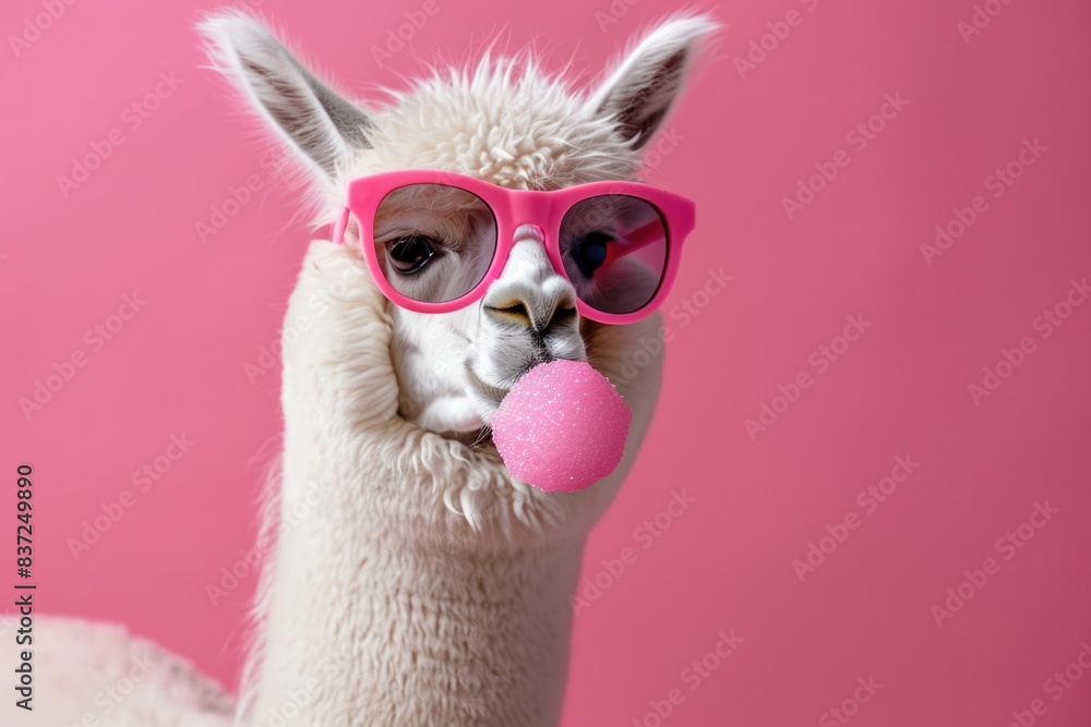 Wall mural A llama wearing sunglasses holds a pink ball in its mouth