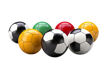 A group of soccer balls in various colors, arranged in a semi-circle.  The balls represent a team or a group of players.