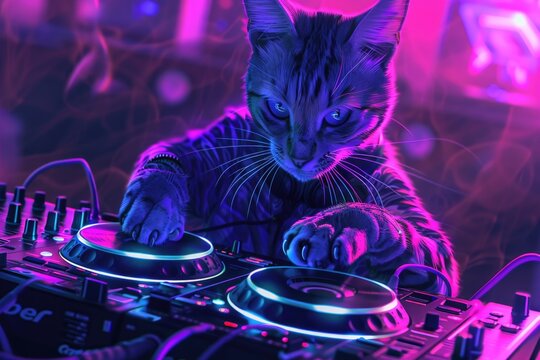 A domestic cat sitting on a surface, holding a musical instrument and making music