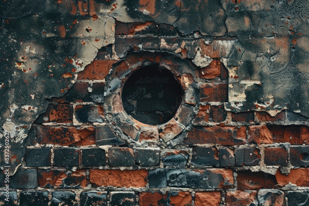 Aufkleber a worn-out brick wall with a hole in it, perfect for use in scenes where something is broken or need