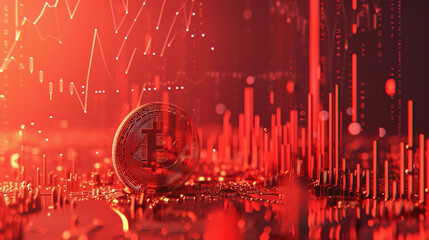 Red Going Down and chart with bitcoin on the background . Bitcoin on red arrow down and line charts with extreme price drop. Cryptocurrencies market