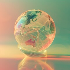Holographic globe with climate change data, pastel olive green and salmon pink for global environmental awareness.