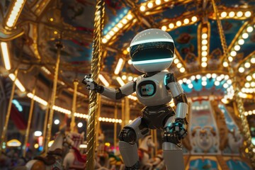 Fototapeta premium A robot is riding on a merry go round, surrounded by colorful lights and music