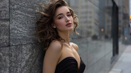 Fototapeta premium A woman in a black dress stands in front of a wall