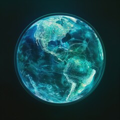 Vibrant holographic climate change data projected onto a globe in shades of Tanager Turquoise, Teal Blue, and Kelly Green. Ultimate environmental awareness.