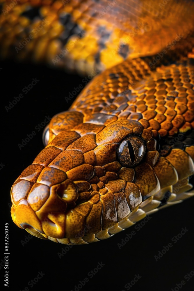 Poster Close-up image of a snake's head on a dark background, ideal for use in science and nature publications