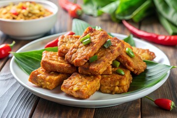 Tempeh, Tempe Goreng or Fried tempeh is Indonesia traditional food, made from fermented soybean seeds.