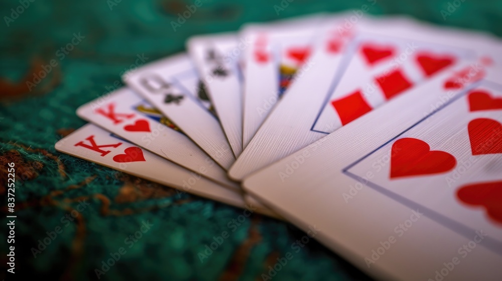 Poster A stack of playing cards sitting on a table, ready for use or game