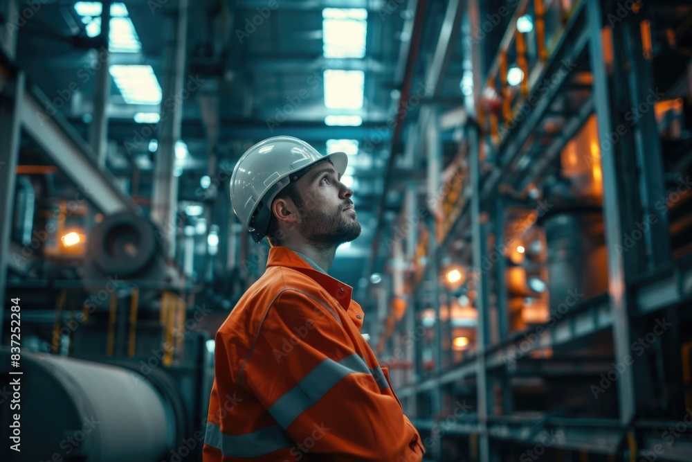 Poster a person wearing a hard hat stands in a factory setting, likely working on a project