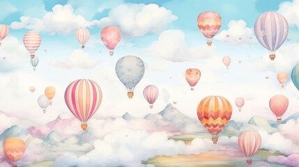 Hot air balloons over misty mountains at dawn. Wall art wallpaper