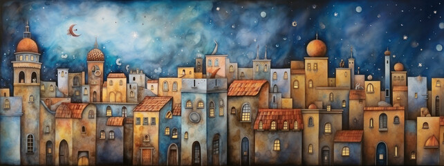 Fototapeta premium Starry night over vintage watercolor cityscape. Wall art wallpaper