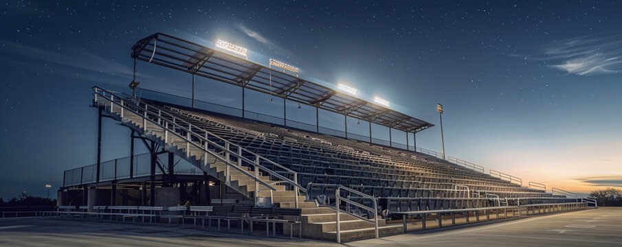 The grand stands of an empty football stadium captured from the highest point at night, showcasing the architectural design and providing a large area of copy space in the sky.