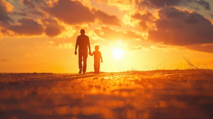 Fototapeta premium A father and child walking together, enjoying the warm sunlight