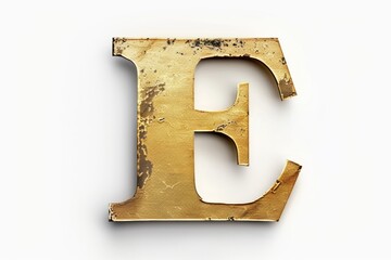 A golden metal letter 'e' isolated on a white background