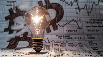 Light bulb on the background of newspaper with bitcoin sign. Concept of new ideas in cryptocurrency.