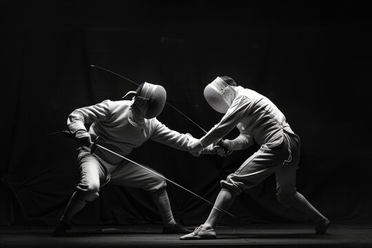 Two men in fencing stance, ready to engage in combat