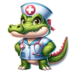 Cartoon illustration (PNG 300 dpi), Crocodile in nurse uniform and a stethoscope around her neck !