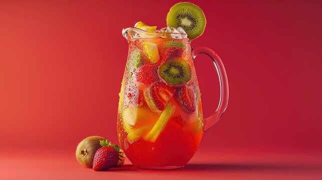 A vibrant strawberry kiwi sangria cocktail served in a pitcher, garnished with slices of strawberry and kiw