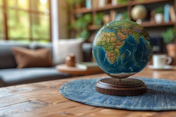 Blue and Green Globe on Wooden Table