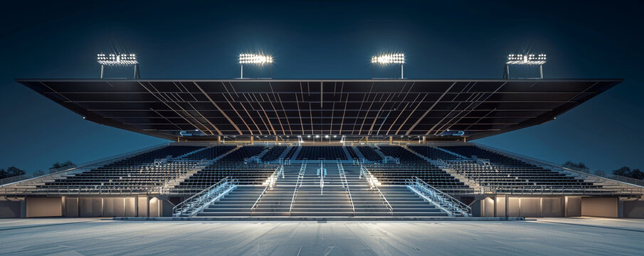 The grand stands of an empty football stadium captured from the highest point at night, showcasing the architectural design and providing a large area of copy space in the sky.