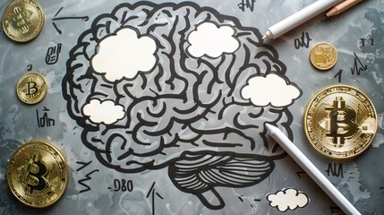 The image shows a chalk drawing of a brain on blackboard with bitcoin.