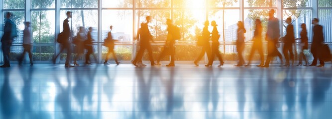 Blurred motion image of people walking in a modern airport terminal at sunset, capturing the dynamic hustle and bustle of travel and business.