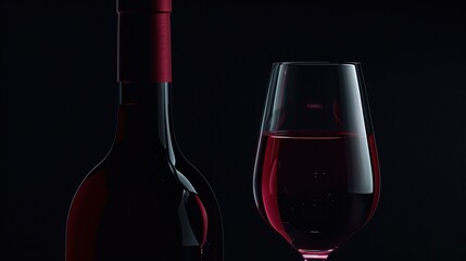 Close-up of a sleek wine bottle and a half-filled glass, capturing the rich red hue of the wine, set against a classic black background, inviting indulgence and enjoyment.
