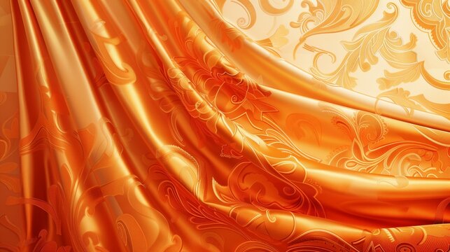 A vibrant orange silk curtain with intricate floral patterns.