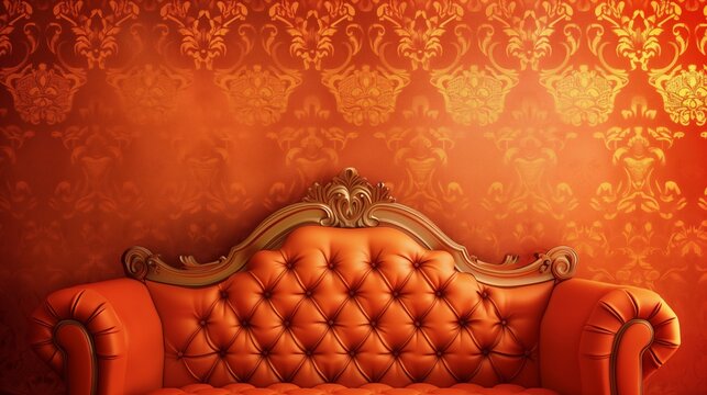  Luxury orange sofa with ornament and golden elements on wallpaper background.