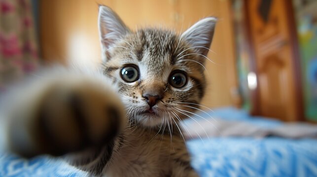 Kitten putting its paw on the camera lens.
