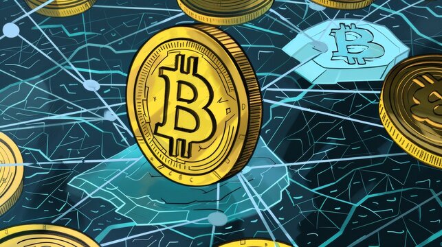 The image shows several gold bitcoins over a blue background with white lines.