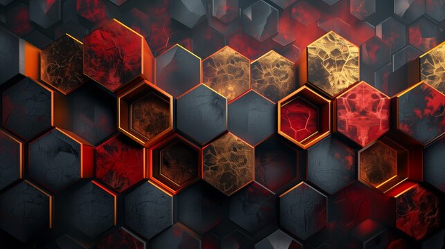  A digital art wallpaper with dark, red and gold hexagons in an abstract pattern.