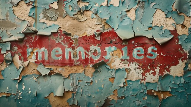 Wall with old paint peeling off and the word &rdquo;memories&rdquo; appearing on the layer underneath.