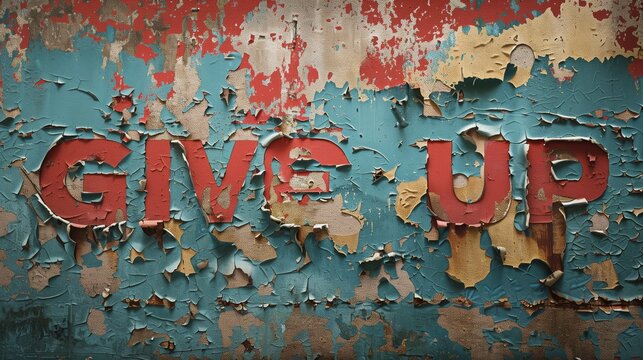 Wall with old paint peeling off and the word &rdquo;give up&rdquo; appearing on the layer underneath.
