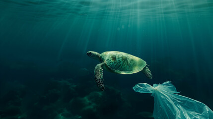 Obraz premium A sea turtle swimming underwater near a plastic bag, highlighting ocean pollution.