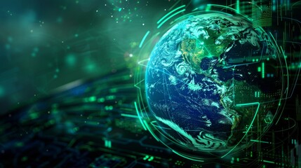 Obraz premium Futuristic digital illustration of Earth featuring advanced technology, artificial intelligence, and a cyber network, emphasizing innovation.