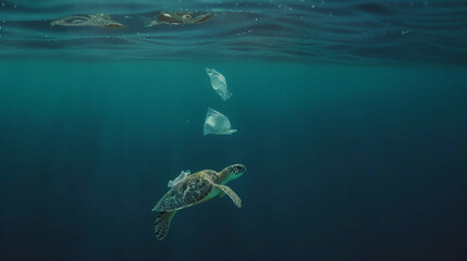 A sea turtle swimming underwater with plastic bags floating nearby. The image highlights the issue of ocean pollution and its impact on marine life.