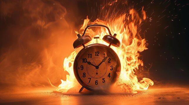 burning alarm clock exploding in flames concept of urgency and deadline pressure