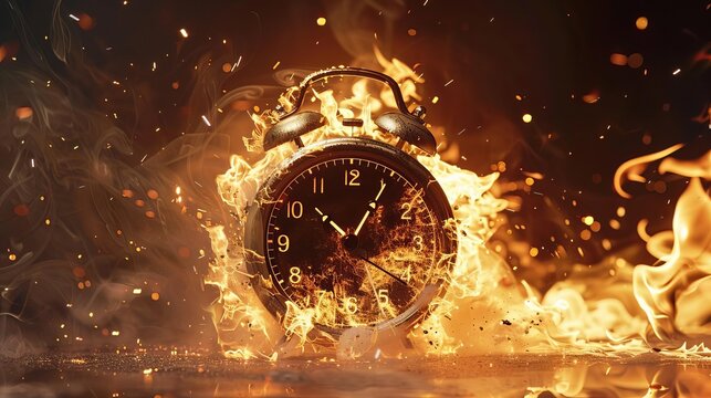 burning alarm clock exploding in flames concept of urgency and deadline pressure