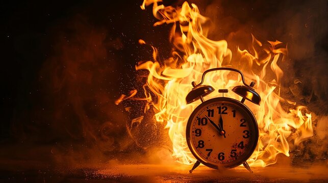 burning alarm clock exploding in flames concept of urgency and deadline pressure