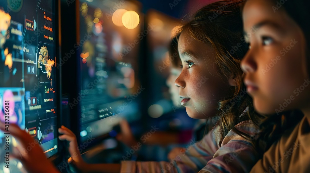 Poster children immersed in coding activities vibrant syntax on screens illuminated by soft morning light