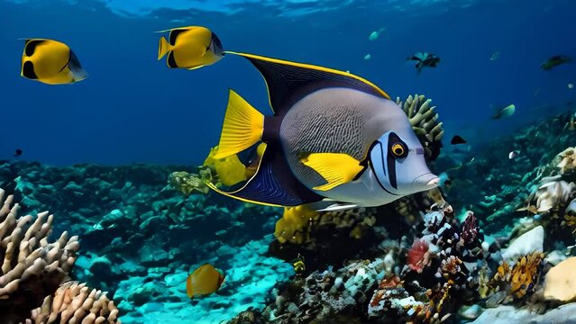 Colorful tropical fish swimming near vibrant coral reef in crystal-clear ocean waters