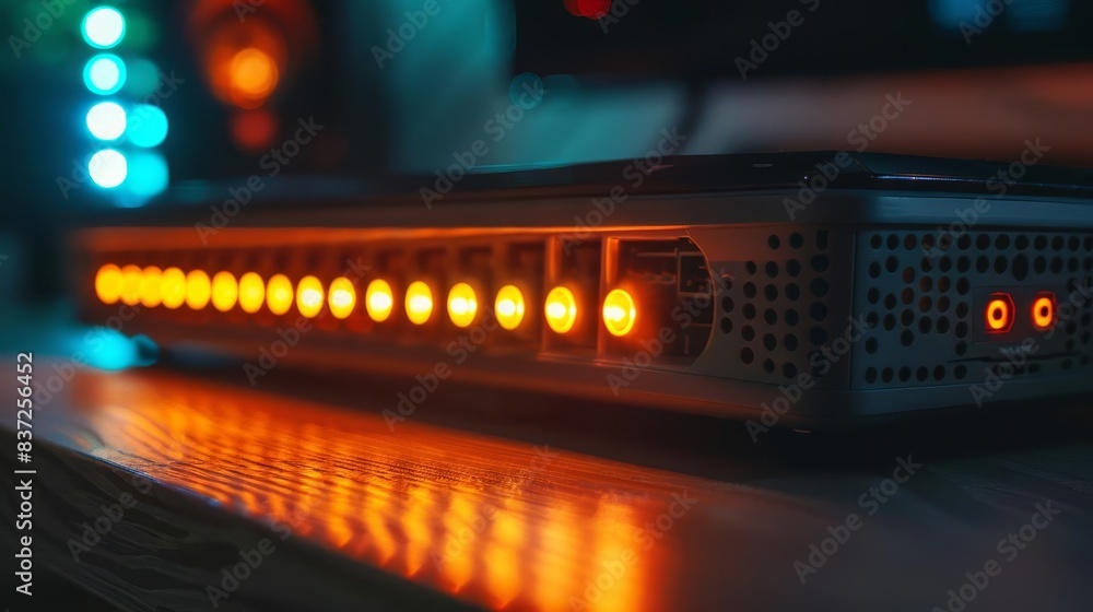 Aufkleber closeup photograph of a modern internet router device with glowing led lights showcasing the technol